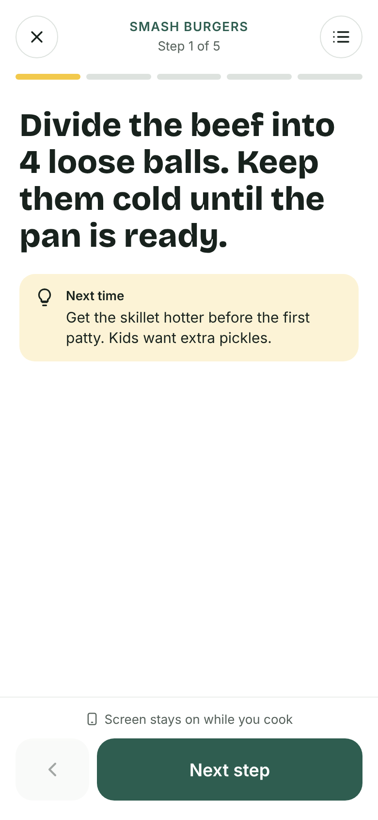 Cook mode showing step 1 of 5 in large type with a note for next time.
