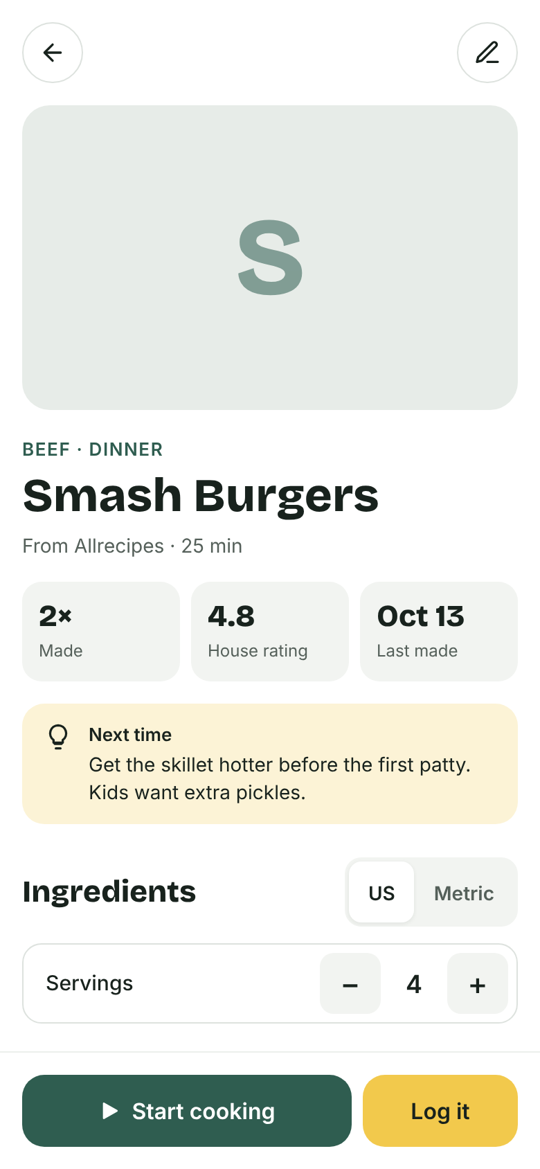 A recipe page for Smash Burgers showing it was made twice, a house rating of 4.8, and a note for next time.